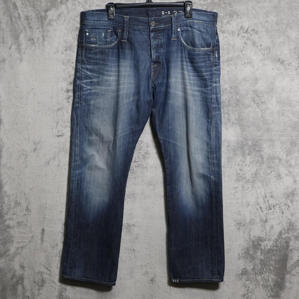 G-Star‎ RAW Jeans Mens 38x30 Blue 3301 Straight Distressed Denim Pants Casual
